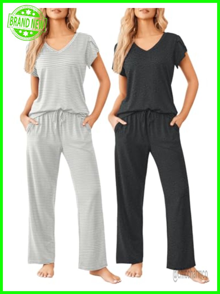 2 Pack Womens Pajama Sets Short Sleeve Petal Sleeve Lounge Sets Soft Breathable
